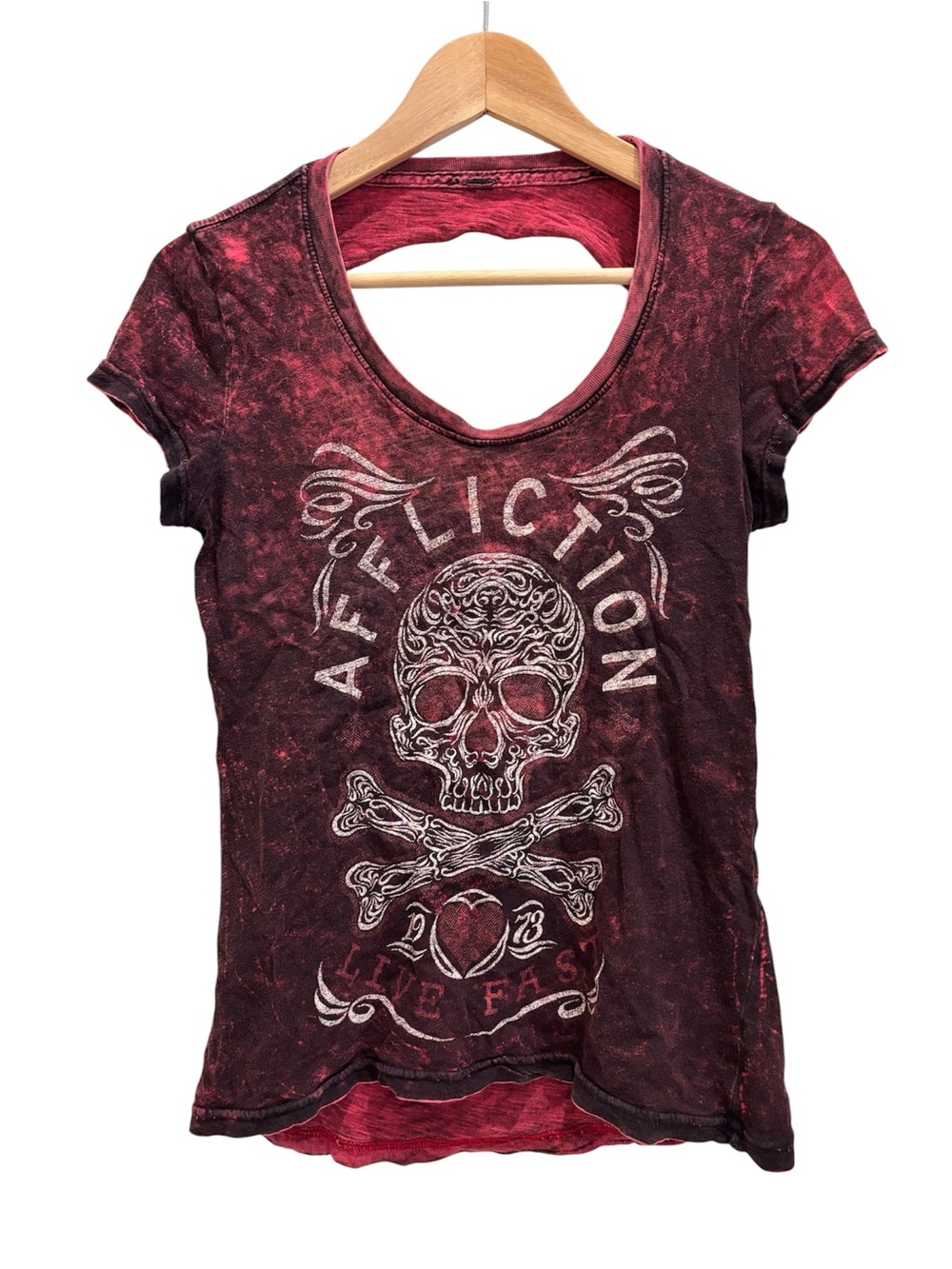 Affliction Women’s Tee Cutout Red Graphic Skull Shirt Size Small